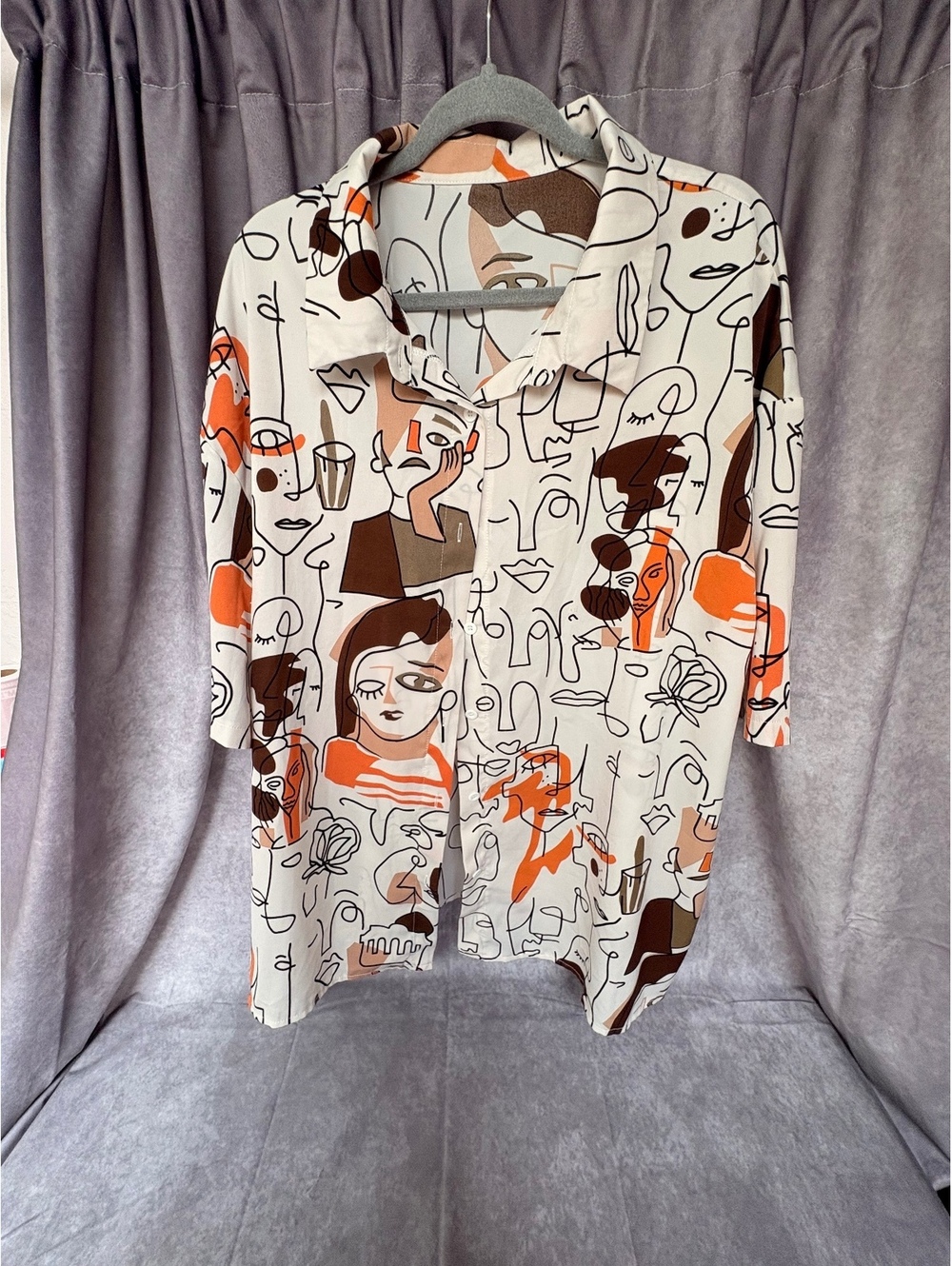 SHEIN Curve 2XL Abstract Face Print Button Front Shirt Dress Tunic Orange Brown
